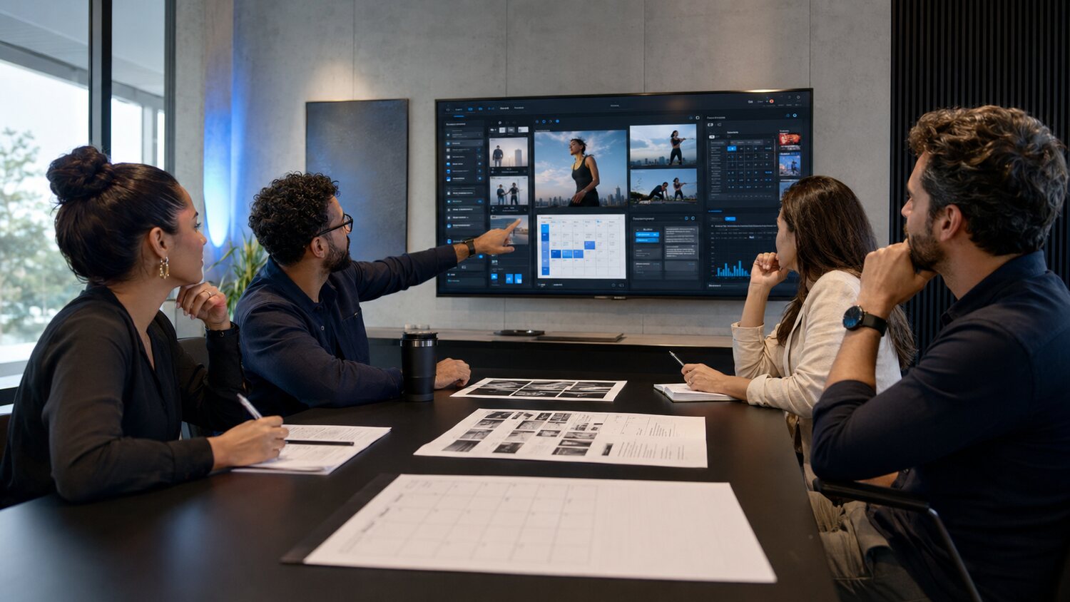 Equipe brasileira de marketing planejando conteúdos e analisando métricas