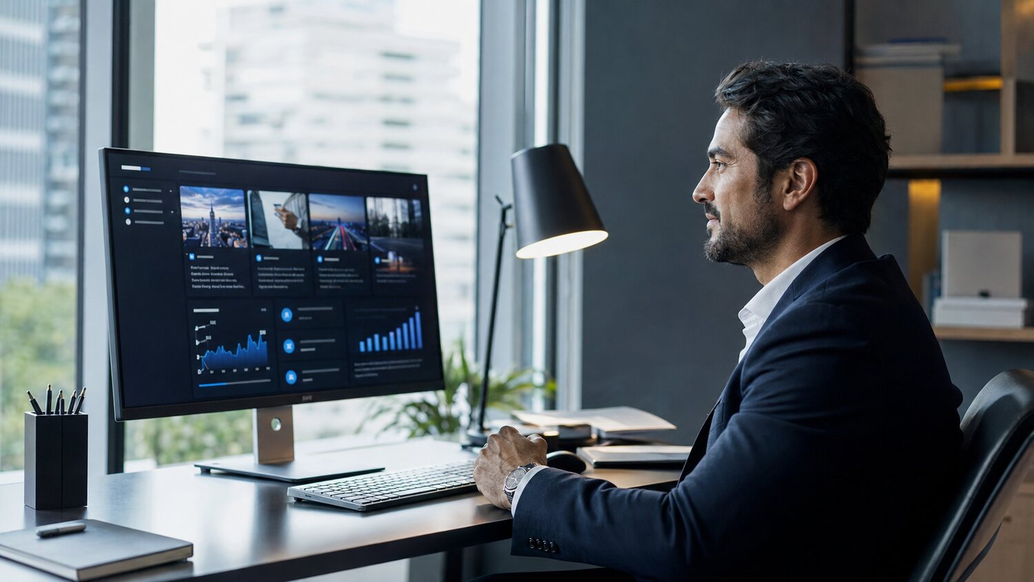 Empresário analisando a comunicação digital da empresa em um escritório moderno